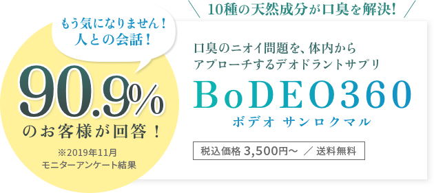 もう気になりません！人との会話 90.9%のお客様が回答！ ※2019年11月モニターアンケート結果 10種の天然成分が口臭を根本から解決! 口臭の問題を、体内からアプローチしたデオドラントサプリ BoDEO360（ボデオ サンロクマル）